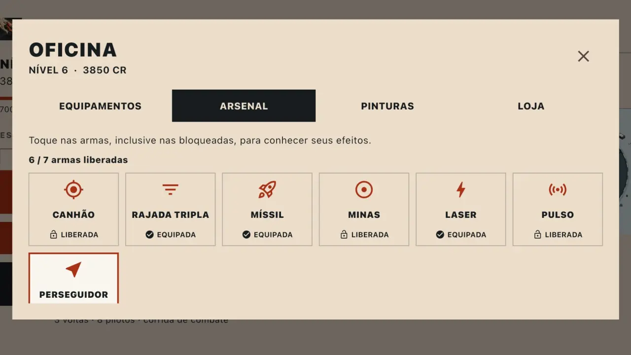Arsenal com canhão, míssil, minas e laser